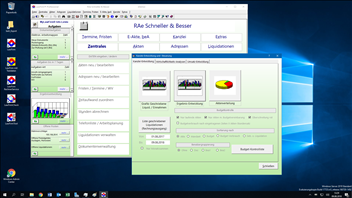 Windows Server 2019 Kanzleisoftware Labortests - LawFirm Professional - Fenster "Kanzlei-Entwicklung" (Wirtschaftlichkeitsanalysen, Umsatz-Statistiken) mit neuer Auswahlvorschau-Anzeige in der Windows Taskleiste, auerdem individuelle Einstellung 3D-Farbverlauf